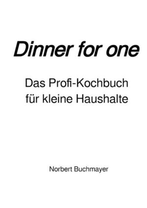 "Dinner for one" wurde geschaffen für kleine Haushalte. Jeder hat das Recht, seinem Körper das Beste zu geben. Mit diesem Kochbuch gibt es die nötigen Rezepte dafür. Alle Kategorien der Speisenfolge sind hier angeführt. Von Suppen über Vorspeisen, Fleisch, Fisch, Gemüse und Beilagen, Salate, Eiergerichte und Süßspeisen. Alle laden zum entwickeln eigener Rezepte ein. Da und dort ein anderes Gewürz und schon schmeckt es noch besser mit Ihrer persönlichen Note. Zu jedem Rezept gibt es Tipps und Ratschläge für die sparsame Verwendung sowie Wieder- und Weiterverwertung der Nahrungsmittel. Kochen Sie drauf los. Es macht Spaß und Appetit auf mehr.