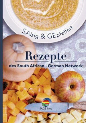 SAlzig und GEpfeffert ist ein Kochbuch für alle, die sich für die regionalen Küchen von Südafrika und Deutschland interessieren, mit mehr Abwechslung essen oder ihre Lieblingsrezepte aus den beiden Ländern einfach und unkompliziert nachkochen wollen. Von Hauptspeisen über Desserts und süße Versuchungen bis zu landestypischen Beilagen ist alles dabei. Die Rezepte wurden gesammelt von den Mitgliedern und Unterstützern des South African German Network e.V. und enthält sowohl gut bekannte Gerichte als auch kulinarische Geheimtipps und Lieblingsessen der SAGE-Net-Mitglieder. Guten Appetit!  "SAlzig & GEpfeffert"  ist erhältlich im Online-Buchshop Honighäuschen.