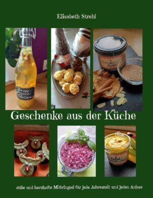 Geschenke aus der Küche für jeden Anlass ... ob pikant oder süß zum sofort essen auf der Grillparty oder Fondueeinladung wie zum Beispiel Dips, Frischkäse oder verschiedene Butterarten oder länger haltbar wie zum Beispiel Marmeladen, Gelees oder Liköre oder Salz mit Rotwein, Kräuter oder Curry oder bunte Pasta "homemade" mit natürlichen Zutaten gefärbt oder für die Weihnachtszeit .... z. B. Kuchen im Glas, schön dekorierte Muffins und natürlich Plätzchen. Wie immer sind alle Rezepte in meiner Küche entstanden, fotografiert und von meiner Familie getestet worden wie auch meine anderen Bücher: Kochliebe Kuchentraumland oder Brot....Brot .....Brötchen In diesem Buch ist für jeden Anlass das richtige Mitbringsel dabei!!!