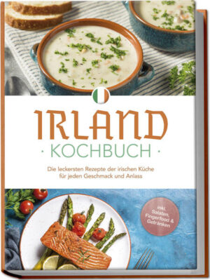 Irland-Kochbuch: Traditionsreiche, vielfältige und einzigartig schmackhafte Schlemmereien von der grünen Insel In den letzten Jahren hat sich Irland zum Sehnsuchtsziel zahlreicher Menschen rund um den Globus entwickelt und die irische Küche rundet die Traumreise perfekt ab. Zum Glück müssen Sie für Irish Stew, Shepherd’s Pie & Co. jedoch nicht bis zum nächsten Urlaub warten, sondern holen sich den Geschmack der grünen Insel mit diesem Buch ganz einfach zu sich nach Hause! Raue Wetterbedingungen und beschränkte Möglichkeiten der Landwirtschaft bestimmen das irische Klima, doch der Küchenkunst ist davon nichts anzumerken: Ganz im Gegenteil punktet irisches Essen mit Vielfalt, deftig-sättigender Hausmannskost, köstlichen Milchprodukten, herzhaftem Fleisch und der raffinierten Verwendung heimischer Gemüsesorten wie Kartoffeln und Kohl. Auch das umliegende Meer spendiert seine Schätze und sorgt für Fisch und Meeresfrüchte - alles zusammen ergibt das eine Küche, die aus einfachen Zutaten und jahrhundertealten Traditionen für Comfort Food vom Feinsten sorgt. Ob Fleischfan oder Fischfreund, Veggie, Fan der leichten Küche oder leidenschaftliche Naschkatze, dieses Buch bietet Ihnen eine Riesenauswahl an original irischen Köstlichkeiten für jeden Anlass und lässt Sie Lamm, Kohl & Co. auf ganz neue Art entdecken. Kompliziert? Ganz im Gegenteil! Denn irisches Essen trumpft mit Bodenständigkeit und Alltagstauglichkeit auf und dank einfacher Rezeptanleitungen gelingen die Spezialitäten auch ungeübten Köchen auf Anhieb. Irish Breakfast: Mit Boxtypancakes, irischem Porridge, Full Irish Breakfast oder Konventeiern starten Sie genussvoll in den Tag. Köstliche Kleinigkeiten: Ob Vorspeise, leichte Mahlzeit, Snack oder kleine Brotzeit, Shamrock Salad, Cheddar-Lauch-Suppe, Irish Flapjacks oder Irish-Beer-Cheese-Dip schenken jederzeit ein Stückchen Irland-Genuss. Hauptgerichte mit Fisch & Fleisch: Beef-and-Guinness-Pie, Hack-Kohl-Auflauf „Cobbler“, Rauchlachs mit gegrilltem Fenchel oder Stampfkartoffeln mit Rotalgen wärmen die Seele an regnerisch-rauen Tagen. Vegetarisch-vegane Insel-Hits: In Pan-Haggerty-Kartoffelpfanne mit Cheddar, Mac and Cheese, veganem Colcannon oder Guinness-Pilzkuchen zeigt sich Irland von seiner Veggie-Seite. Dessert-Träume: Bei Irish Cream, Whiskey-Kuchen, Apple Pie oder Irish-Cream-Panna-Cotta kommen Süßschnäbel voll auf ihre Kosten. Legendäre Drink-Vielfalt: Ob mit oder ohne Alkohol, Irish Coffee, Shamrock-Whiskey-Cocktail, Black Velvet oder Shamrock alkoholfrei bringen echtes Irland-Flair ins Glas. Mit diesem Buch holen Sie sich den Geschmack der grünen Insel auf den Teller und entdecken die weite Geschmackslandschaft zwischen saftig grünen Wiesen. Ob Sie in Urlaubserinnerungen schwelgen möchten, eine Irland-Reise planen oder einfach Comfort-Food-Lover sind - hier entdecken Sie einzigartige Genussmomente. Also worauf warten Sie noch? Klicken Sie nun auf „In den Einkaufswagen“ und gönnen Sie Ihren Geschmacksknospen eine aufregend-köstliche Inselrundreise!