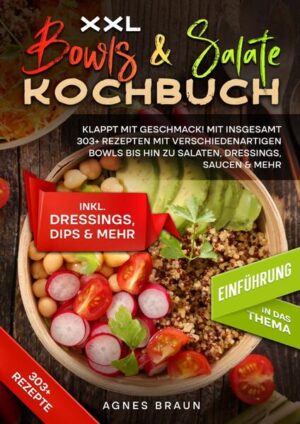 Dieses Bowls-Salate-Kochbuch ist voll von köstlichen, leicht zuzubereitenden Rezepten! Mit über 303+ Rezepten zur Auswahl, finden Sie in diesem Kochbuch bestimmt das, wonach Sie suchen... Die Bowl und weiter? Beim Zusammenstellen einer Bowl ist Ausgewogenheit das A und O. Danach ist alles möglich. Viele Restaurants bieten die Möglichkeit, die Bowl selbst zusammenzustellen, was Ihnen eine Vorstellung davon gibt, wie vielseitig das Gericht sein kann. Einige der besten Bowls sind die, die man aus Resten oder dem, was man gerade im Kühlschrank hat, zubereitet. Hier ist eine kurze Übersicht, wie Sie Ihre eigene machen können: 1. Wählen Sie einen körnigen Boden. Füllen Sie den Boden einer großen Schüssel ⅓ des Bodens mit heißen oder kalten Vollkornprodukten wie braunem Reis, Bulgur, Gerste, Quinoa oder Polenta. Vollkorngetreide ist die häufigste Grundlage für Bowls, aber Sie können auch andere komplexe Kohlenhydrate wie Kartoffeln, Vollkornnudeln und Nudeln verwenden, die die Aromen ebenfalls gut aufnehmen. 2. Häufen Sie das Gemüse. Ordnen Sie eine Reihe von Gemüsesorten büschelweise auf dem Boden an. Wählen Sie Gemüse mit Farben und Konsistenzen, die sich gegenseitig ergänzen, z. B. knackigen gedünsteten Brokkoli mit zarten Butternusskürbiswürfeln, cremige Avocadoscheiben mit knackigen Maiskörnern oder saftige rote Beete mit hellgrünen Erbsen. Verwenden Sie so viele, wie Sie möchten. Achten Sie bei der Zubereitung darauf, dass alle Beläge mundgerecht sind, damit sie sich leicht vermengen und mit einer Gabel oder einem Löffel essen lassen. (mehr Informationen finden Sie im Buch) Sie sind auf der Suche nach … ✅ 303+ leckere Bowls und Salate Rezepte (u.a. für Frühstück, Fisch, Fleisch, Vegetarisch, uvm.) ✅ Einführung in das Thema ✅ Den richtigen Zutaten ✅ Inklusive leckere Saucen-Rezepte Leckere Gerichte und gute Anhaltspunkte gefällig? Dann greifen Sie jetzt zu!