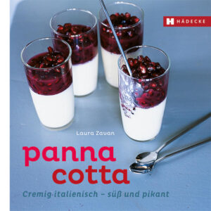 Lieblingsnachtisch numero uno! Panna Cotta bedeutet „gekochte Sahne“. Diese exquisite Nachspeise ist leicht und schnell herzustellen und zergeht auf der Zunge! Grundlage des traditionellen, italienischen Desserts sind Sahne, Milch, Zucker, Vanille und Gelatine. Es kann aber ganz nach Geschmack aromatisiert werden. Raffiniert sind die neuen, pikanten Variationen. Aber auch der Klassiker - je nach Jahreszeit mit flüssigem Karamell, einer Fruchtsauce, frischem Obst oder einem Likör serviert - sowie die Ideen mit Schokoladen-, Tee-, Frucht- oder Mandelcreme, lassen die Herzen aller Dolce-Liebhaber höherschlagen. Wichtiger Hinweis zu allen Panna-Cotta-Rezepten mit Puddingpulver! Liebe Leserin, lieber Leser, das in den Originalrezepten der Autorin verwendete Puddingpulver besitzt eine andere Zusammensetzung als die bei uns üblicherweise erhältlichen Pulver. Bitte erhöhen Sie die Menge bei den Rezepten entsprechend den Angaben auf der Verpackung für die jeweilige Flüssigkeitsmenge (die Menge der Sahne entspricht der Menge der Milch bei Pudding, siehe auch Hinweis auf S. 4). Bei den meisten Puddingpulvern wird es sich dabei um etwa das Doppelte der in den Rezepten beschriebenen Mengen handeln. Die Zubereitung mit Puddingpulver ergibt ein cremigeres Ergebnis als mit Gelatine. Die Panna Cotta kann aber, wie ein Pudding, bei den meisten Rezepten auch gestürzt werden (siehe jeweilige Abbildung). Wer es gerne süßer mag, kann dem Puddingpulver noch Zucker hinzufügen. Meist wird aber die Süße der Sauce bzw. der weiteren Zutaten ausreichen. Wir bitten diese Ungenauigkeit, die in der kommenden Auflage korrigiert wird, zu entschuldigen und bedanken uns bei unseren aufmerksamen Leserinnen und Lesern für diesen Hinweis! Ihr Hädecke-Rezeptlektorat Juni 2013