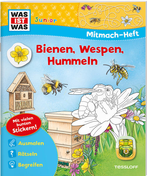 Honighäuschen (Bonn) - Wie kommt die Biene durch das Labyrinth zurück zu ihrem Bienenstock? Welche der Wespen stimmt genau mit der großen Hornisse überein? Und wie viele Hummeln sind auf der Blumenwiese zu finden? Ein vielfältiger Mix aus Ausmalbildern, Knobelaufgaben und Rätseln lädt Kinder ein, selbst aktiv zu werden. Mit den Stickeraufgaben und den wieder ablösbaren Aufklebern, die an den richtigen Stellen platziert werden müssen, können sie die Seiten bunt gestalten. Detaillierte Illustrationen und kurze Sachtexte informieren über die nützlichen Insekten. Eine lustige Bildergeschichte sorgt für Lesevergnügen. Auf unterhaltsame Art können Kinder ab 4 Jahren mit diesem abwechslungsreichen Beschäftigungsspaß das Leben der Bienen, Hummeln und Wespen genauer kennenlernen!