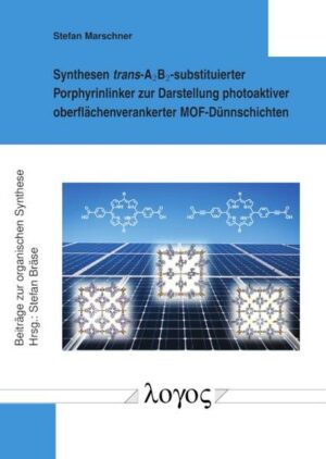 Honighäuschen (Bonn) - In der Entwicklung organischer Solarzellen hat sich die Stoffklasse der Porphyrine, unter anderem aufgrund ihrer ausgezeichneten Lichtabsorption, besonders hervorgehoben. Zudem ermöglicht eine systematisch geschichtete Anordnung der Moleküle einen effizienten Energietransfer, der beispielsweise auch im Prozess der Photosynthese eine tragende Rolle spielt. Diese Dissertation leistet einen Beitrag zur Entwicklung neuer Möglichkeiten einer effektiven Umwandlung von Solarenergie durch die Verwendung oberflächenverankerter Dünnschichten metallorganischer Gerüste (SURMOFs). Im Fokus steht dabei die modulare Synthese organischer, linearer A_2B_2-Porphyrinlinker mit metallbindenden Carboxylat-Termini, welche zur Darstellung photoaktiver SURMOFs verwendet werden. Es wurden Möglichkeiten zur Variation solcher Porphyrinlinker untersucht, wobei unter anderem eine Molekülbibliothek auf Basis eines Porphyrin-Grundkörpers erstellt wurde. Insbesondere wurden weiterhin Syntheserouten zur Verlängerung der Linker entwickelt sowie Strategien zur Ausrichtungskontrolle der Porphyrineinheiten in resultierenden Gerüstverbindungen untersucht. Die synthetisierten Linker, sowie daraus erhaltene SURMOF-Strukturen wurden zudem auf ihre jeweiligen Absorptionsverhalten untersucht und Zusammenhänge analysiert.