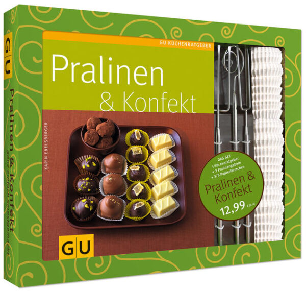 Zartschmelzende, dunkel glänzende Kostbarkeiten! Pralinen und Konfekt sind einfach kleine, süße Schätze, nach denen sich jeder die Finger leckt. Pralinen liegen einfach im Trend. Und was in feinen Schokoboutiquen verheißungsvoll in Glasvitrinen lockt, lässt sich auch ganz einfach zu Hause, in der eigenen Küche herstellen. Kaum zu glauben, aber wahr: Klassische Champagnertrüffel, knuspriges Krokant-Marzipan und ungewöhnliche Kreationen wie Erdbeer-Balsamico-Pralinés kann jeder mit den passenden Rezepten, dem richtigen Zubehör und ein wenig Fingerspitzengefühl leicht selber machen. Ob handgeformt, geschnitten, in Hohlkugeln oder Herzformen gefüllt - es gibt Rezepte für Anfängerinnen und Pralinenprofis. Lauter Schokoschätzchen zum Verschenken oder selber naschen. Und damit es auch gleich mit der Pralinenwerkstatt losgehen kann, gibt es in diesem Set noch drei hochwertige Pralinengabeln und 375 Pralinenförmchen aus Papier dazu.