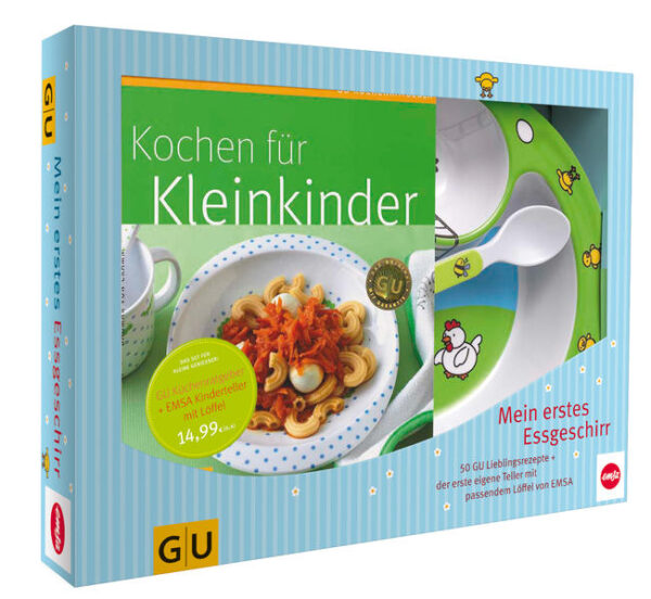 Babys erster Geburtstag steht an und Sie haben noch kein Geschenk? Machen Sie doch Kinder und Eltern glücklich: Ein Set mit rund 50 alltagstauglichen Rezepten für zarte Kleinkindgaumen und dem ersten eigenen Essgeschirr! Die Ernährungsexpertin Dagmar von Cramm zeigt Ihnen, was Kleinkinder jetzt wirklich brauchen und verrät ihre Tricks, mit denen sie kleine Gemüsemuffel und Süßschnäbel überlistet. Die rund 50 Rezepte haben echtes Lieblingsessen-Potenzial, sind trotzdem gesund und stehen im Handumdrehen auf dem Tisch: von Frühstück bis Abendbrot und von herzhaft bis süß. Großen Spaß am Esstisch verspricht der Kinderteller mit passendem Löffel von EMSA: Extra für Kinder entwickelt, mit fröhlichen Bildern bedruckt und dabei absolut kratzfest und bruchsicher. Damit isst jedes Kind gern seinen Teller leer!