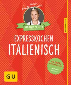 Antipasti, Pizza, Salate - einfache schnelle Rezepte zum italienisch kochenMögen Sie italienische Rezepte auch so gern? Dann gehören Sie bestimmt zu den Genießern, die sich am guten Essen lieber erfreuen, als dafür stundenlang in der Küche zu stehen. Die lieber eine frische, hausgemachte Pizza, Nudelgerichte, Gemüse und Früchte auf ihren täglichen Speiseplan setzen, als allzu viel Fleisch und Wurst. Weil sie beim Kochen und Genießen eben das Einfache, Leichte, Sonnige mögen! Darin sind mediterrane Rezepte und die italienische Küche natürlich unschlagbar! Unkompliziert, familienfreundlich und alltagstauglich – genau so, wie es die Pizzeria ums Eck so sympathisch vormacht: Mit frischen Lebensmitteln und viel Sinn für sonniges Aroma ganz presto, presto zubereitet! Antipasti, Salate, Pizza: Diesen sympathischen Dreiklang – schnell, lecker, italienisch – beherrscht niemand so authentisch und perfekt wie die beliebte TV- und Spitzenköchin Cornelia Poletto. Im GU Jubiläums-Küchenratgeber Cornelia Poletto präsentiert Expresskochen Italienisch verrät sie nicht nur ihre vier ganz persönlichen Lieblingsrezepte für die italienische Küche: Brotsalat mit Mozzarella und Schinken, Zitronen-Risotto mit Garnelen, Seeteufel-Saltimbocca mit Linsen und Knusperfächer mit Panna cotta. Sie präsentiert auch in vier Kapiteln die schönsten italienischen Blitz-Rezepte mit echtem Mamma-Mia-Mmmhh-Effekt – von Antipasti bis Salate und Pasta, von zartem Fleisch und Fisch bis zum süßen Finale. Besser als in der Pizzeria: Ob Rezepte für schnelle, leckere Pesto-Varianten (z. B. sizilianisches Pesto oder Rucola-Zitronen-Pesto), eine Ratz-fatz-Bolognese oder ein schnelles Tiramisu Rezept, das wirklich in Windeseile fertig ist – an Cornelia Poletto präsentiert Expresskochen werden alle Italienfans Freude haben, die jenseits von Lasagne, Nudelsalat & Co. neue Ideen für die italienische Küche suchen. Alle Rezepte gelingen auch Anfängern und lassen sich ganz einfach nachkochen. Die italienische Küche ist ja bekannt dafür, Gemüse Rezepte besonders kreativ und unkompliziert zuzubereiten, und so finden sich in diesem Küchenratgeber jede Menge neue Ideen für Zucchini Rezepte, Salat Rezepte oder Antipasti, die im Express-Tempo selbst im Winter Sonne in die Küche zaubern: Antipasti & Salate: z. B. Rucolasalat mit Erdbeeren, Caprese mit Feigen, Olivencreme-Crostini, Pfifferling-Bruschetta, Fisch-Carpaccio mit Pinienkernen Pizza, Pasta & Co.: z.B. Pizza Verdure, Mini-Pizzen mit Rucola, Tagliatelle mit Blitz-Bolognese, Radicchio-Pasta mit Gorgonzola, Gnocchi mit Spargel Fleisch & Fisch: z. B. Kalbsschnitzel in Zitronensauce, Hähnchenbrust alla diavola, Fischfilets in Knoblauchöl, Doradenfilets mit Tomatensalat Dolci: z. B. Erdbeer-Ricotta, Gratinierte Pfirsiche, Vanille-Risotto mit Schokostangen Italienische Rezepte für die ganze Familie: Die italienische Küche ist ja eine richtige Family-and-Friends-Küche: einfach, gute Zutaten stehen im Mittelpunkt. Genau das ist seit 40 Jahren auch das Erfolgsrezept der GU Küchenratgeber – und diesen Geburtstag feiern sie mit einer exklusiven Jubiläumsgabe, die besonders aufwendig mit neuen Rezeptfotos gestaltet und mit schickem Hochglanzcover ausgestattet wurde. Cornelia Poletto präsentiert Expresskochen Italienisch eignet sich daher auch perfekt als Geschenk. Zum Beispiel zum nächsten Familientreffen bei Pizza, Pasta & Co.! Cornelia Poletto präsentiert Expresskochen Italienisch auf einen Blick: Poletto Rezepte: Vier ganz persönliche italienische Rezepte von der beliebten Spitzenköchin Cornelia Poletto. Dazu eine große Auswahl der schönsten Rezepte für die italienische Küche: Antipasti und Pizza, Salate und Nudelrezepte, Fisch, Fleisch und Dolci. Besser als in der Pizzeria: Hausgemacht schmeckt Pizza einfach nochmal so gut! Und Nudelgerichte auch! Einfache schnelle Rezepte machen die italienische Küche garantiert auch Anfängern schmackhaft. Italienisch kochen im Schnellverfahren: Daheim lecker italienisch essen geht auch ohne Aufwand. Ob blitzschnelle Spaghetti Sauce, schnelles Tiramisu Rezept oder Pesto- und Sugorezepte, die sich prima vorbereiten lassen: Alle Gerichte stehen presto, presto auf dem Tisch! Italienisch kochen für Vegetarier: Alle vegetarischen Rezepte sind besonders gekennzeichnet und auf einen Blick zu finden. Hochglanzcover und glänzend gestyltes Layout – das festlich gestaltete Kochbuch zum Thema Expresskochen Italienisch aus der exklusiven Sonderedition zum 40. Jubiläum der GU Küchenratgeber.