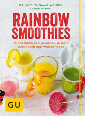 Bunt wie ein Regenbogen: Smoothie Rezepte für die gesunde ErnährungFünf Portionen Obst und Gemüse pro Tag, mal ehrlich: Wer von uns schafft das schon? Es würde uns natürlich helfen, denn so könnten wir jeden Tag etwas für unsere gesunde Ernährung tun. Wir würden uns vital fühlen, den Stoffwechsel ankurbeln und bestimmt sogar das eine oder andere Kilo verlieren und schnell gesund abnehmen. Frisches Obst und Gemüse sind eben einfach enorm wichtig, um fit und gesund zu bleiben. Nur: Wie könnten wir das auf unkomplizierte Art in den Alltag integrieren? So einfach und leicht, dass wir dafür nicht unser ganzes Leben umkrempeln müssten? Rainbow Smoothies - kleine Ursache, große Wirkung: Die Lösung heißt: Smoothies! Oder noch besser: Smoothie Rezepte, bunt wie der Regenbogen. Mit der natürlichen Heilkraft von Kräutern und Gewürzen, mit gesundem Raw Food und Superfood wie Acai oder Aloe vera. Mit vielen frischen Früchten und Gemüse. Und vor allem so abwechslungsreich, aromatisch und lecker, dass die Ernährungsumstellung Spaß macht und schmeckt! In Rainbow Smoothies von GU stellt der Münchner Anti-Aging-Arzt Dr. med. Thomas Wendel über 60 neue Smoothie Rezepte vor, mit denen wir uns fit und gesund trinken können. Ob als morgendlicher Kick-Start zum Frühstück, ob als Detox Smoothie to go, als Power-Drink fürs Büro, Energie-Booster für die Sporttasche oder als entspannender Abend-Snack aus dem Glas: Rainbow Smoothies sind bunte gesunde Smoothies aus dem Küchenmixer, die mit dem besonderen Wirkstoff-Mix aus heilsamen Kräutern, Gewürzen und frischen Zutaten punkten. Gesunde Ernährung, die schmeckt! Bunt wie das Leben: Ob leuchtend gelber Bananen Smoothie, zart rosa Erdbeer Smoothie, knallroter Himbeer Smoothie, violetter Beeren Smoothie oder grüne Smoothies wie Spinat Smoothie und Kiwi Smoothie - Dr. Wendels Fit-Drinks aus dem Smoothie Maker sind nicht nur der einfachste Weg für mehr Gesundheit und Wohlbefinden. Sie sind auch bunt und fröhlich wie der Regenbogen! Die natürlichen Farbstoffe aus gesundem Obst und Gemüse, Kräutern und Gewürzen sind wertvolle sekundäre Pflanzenstoffe. Die Rezepte zum Rainbow Smoothies selber machen nutzen diese Inhaltsstoffe gezielt, um unser Wohlbefinden zu stärken. Smoothie Rezepte für Beauty, Fitness und Power: Ganz gleich, ob wir mit einem Detox Smoothie den Stoffwechsel ankurbeln, mit Superfood etwas für unsere Schönheit tun, mit gesundem Raw Food unser Immunsystem stärken oder mit Hilfe von sanften Gewürzen nach einem anstrengenden Tag entspannen möchten - die Smoothie Rezepte der Rainbow Smoothies helfen unserem Wohlbefinden gezielt auf die Sprünge. Die Rezept-Kapitel sind so gegliedert, dass wir sofort finden, was wir brauchen: Anti-Aging Smoothies: z. B. Ananas Smoothie mit Minze, Violetter Smoothie mit Datteln, Vanille und Acai, Skin-Booster-Smoothie mit Löwenzahn, Super-Teint-Smoothie, Rosa Erdbeer Smoothie, Coconut-Beauty-Smoothie … Detox Smoothies: z.B. Turbo-Detox-Smoothie, Power-Detox-Smoothie, Black-Swan-Smoothie mit Aktivkohle, Green-Detox-Smoothie mit Brennnesseln, Minze-Avocado-Smoothie mit Sternanis, Mangold-Grüntee-Smoothie, Agaven-Himbeer-Smoothie… Stoffwechsel aktivieren mit Smoothies: z. B. Bananen Smoothie mit Kiwi, Gurken-Bärlauch-Smoothie mit Trauben, Ananas Smoothie mit Safran, Tomaten-Avocado-Smoothie, Fenchel-Smoothie mit Dill und Giersch, Grüntee-Pflaumen-Smoothie … Entspannen mit Smoothies: z. B. Apfel Smoothie mit Birnen, After-Eight-Smoothie, Mandeltraum-Smoothie, Pink Lady-Smoothie mit Vanille, Sweet Dreams mit Melisse, Auszeit Smoothie, Sternenfänger-Smoothie mit Kakao… Immunsystem stärken mit Smoothies: z. B. Apfel Smoothie mit Banane, Orange und Grünkohl, Zitruszauber-Smoothie mit Goji-Beeren, Hustenlöser-Smoothie mit Spitzwegerich, Vital-Booster Beeren Smoothie, Spinat Smoothie mit Apfel… Ernährungsumstellung mit der geballten Kraft der Natur: Sie brauchen nur einen hochleistungsfähigen Standmixer und können mit den Rezepten von Rainbow Smoothies gleich Smoothies selber machen, die alle wichtigen Inhaltsstoffe von Kräutern, Gewürzen, Früchten und Gemüse extrem fein püriert enthalten. Als grüne Smoothies oder bunte Power-Drinks gemixt steht uns die geballte Kraft der Natur somit hochkonzentriert zur Verfügung - auch die wertvollen Nährstoffe aus Stielen, Kernen, Schalen und Strünken. Jeder einzelne hochwertige Vitalstoff kommt unserem Körper voll zugute. Smoothies in den Farben des Regenbogens machen die natürliche Ernährungsumstellung kinderleicht. Fünf ganze Portionen Obst und Gemüse pro Tag? Das war gestern! Fünf Rainbow Smoothies am Tag sind das trendige Erfolgsrezept für Beauty, Fitness und Power aus der Natur - Glas für Glas, Tag für Tag! Rainbow Smoothies auf einen Blick: Gesunde Ernährung leicht gemacht: Die neuen Power-Drinks aus dem Smoothie Maker schenken uns mit jedem Glas mehr Energie, Fitness und Wohlbefinden. Sich vital fühlen und den Stoffwechsel ankurbeln: Mehr als 60 neue Smoothie Rezepte mit den Wirkstoffen aus Kräutern und Gewürzen - so lässt sich gesundes Superfood und tägliches Detox einfach in den Alltag integrieren! Gesundheitstipps vom Mediziner: Der Arzt Dr. Thomas Wendel ist auf gesunde Lebensführung und Anti-Aging spezialisiert. Leicht verständlich und mit vielen Tipps erklärt er die heilsame Wirkung von Kräutern und Gewürzen und zeigt, wie sanfte Ernährungsumstellung und gesund abnehmen im Alltag gelingen!