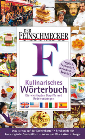 DER FEINSCHMECKER Guide Das Kulinarische Wörterbuch ist ein unverzichtbarer Reisebegleiter: Er bietet die wichtigsten Begriffe und Redewendungen in Englischer, Französischer, Italienischer und Spanischer Sprache. Und das sowohl für die gehobene Küche als auch für den Café- und Barbesuch. ++ Was ist auf der Speisekarte? ++ Steckbriefe für landestypische Spezialitäten ++ Wein- und Käselexikon ++ landesübliche Gepflogenheiten ++ alphabetisch sortierte Begriffe aus Küche und Keller