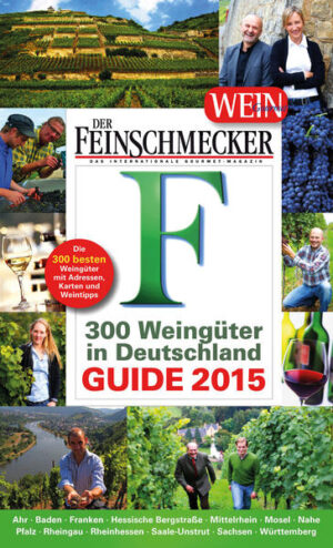 DER FEINSCHMECKER Guide 300 Weingüter in Deutschland 2015: Jährlich im Spätsommer verkostet DER FEINSCHMECKER in umfangreichen Blindproben Weine aus allen deutschen Weinanbaugebieten. Die Ergebnisse der von der FEINSCHMECKER-Jury im Rahmen der Finalproben getesteten Jahrgänge 2011 und 2012 bilden die Basis für die Bewertung der 300 besten Weingüter und Winzergenossenschaften nach dem bewährten Punktesystem von DER FEINSCHMECKER - von einem bis fünf F. Zusätzlichen Nutzwert bietet die Ausgabe 2015 mit der Erläuterung der VDP-Klassifikation Deutscher Weine, der Vorstellung der besten Weiß- und Rotweine in unterschiedlichen Kategorien sowie übersichtlichen Karten aller Weinbaugebiete Deutschlands.