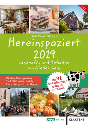 In unserem neuen „Hereinspaziert 2019“ stellen wir Ihnen wieder eine Auswahl der schönsten und gemütlichsten Landcafés und Hofläden am Niederrhein vor. Der Ausflugsführer lädt mit Gutscheinen dazu ein, die gastfreundliche Atmosphäre und kulinarischen Köstlichkeiten der Region zu entdecken. Mit dem Kauf unterstützen Sie, liebe Leserinnen und Leser, auch einen guten Zweck, ein Teil der Erlöse geht an örtliche Kindertagesstätten, Familienzentren und Fördervereine.