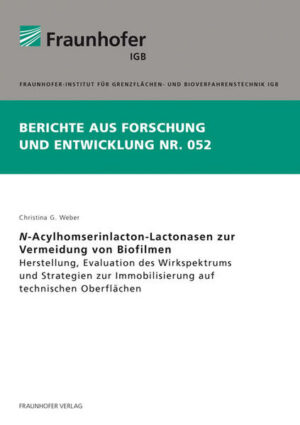 Mit dieser Dissertation werden die drei Grundvoraussetzungen zum Einsatz von N-Acylhomoserinlacton-Lactonasen zur Biofilmvermeidung in technischen Systemen geschaffen: - die Gewährleistung der Verfügbarkeit durch Fermentation im Bioreaktor mit hoher Ausbeute und Aufreinigung mittels chromatographischer Verfahren, - der Nachweis der Wirkung auf verschiedene Bakterienspezies hinsichtlich Biofilmbildung, Schwimm- und Schwarmverhalten und der Produktion von Virulenzfaktoren sowie - die Bereitstellung einer Darreichungsform durch unterschiedliche Immobilisierungsstrategien wie Physisorption an partikulären Systemen, Chemisorption an Silan-funktionalisierten Flachsubstraten und dem Einschluss in ein PEG-basiertes Hydrogelsystem.