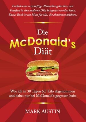 Honighäuschen (Bonn) - Die McDonald's Diät beweist, dass all die unzähligen kleinen Entscheidungen, die man tagtäglich trifft, maßgeblich für die eigene Lebensqualität verantwortlich sind. Sie zeigt außerdem, dass die richtigen Entscheidungen enorme positive Ergebnisse erzielen können.Der Autor ist ein zertifizierter Personal Trainer und Spezialist in Performance Nutrition, und zeigt auf anschauliche Weise, dass man auch dann, wenn man nur das Menü von McDonald's zur Auswahl hat, so einfach und gesund abnehmen kann, wie mit jeder anderen Diät.Das Buch begleitet ihn 30 Tage lang während dieses Experiments und beschreibt detailliert alles, was er in diesem Zeitraum gegessen hat - und zwar ausschließlich von McDonald's - sowie jede Fitness-Übung seines Trainingsprogramms,wobei er insgesamt 6,5 kg abgenommen hat. Es zeigt Bilder aller Übungen sowie Internet-Links zu Videos, falls man sie lieber auf diese Art erlernen möchte. Diejenigen, die aus Zeitgründen auf Fastfood oder Fertiggerichte angewiesen sind, lernen, wie sie ihre Ernährung mit einem Trainingsprogramm kombinieren können, mit dem sie sicherstellen, dass sie nicht nur nicht zunehmen, sondern sogar abnehmen.Eine Diät bedeutet nicht, dass man auf alles verzichten muss, das man gerne isst. In bestimmten Situationen braucht Ihr Körper sogar kohlenhydrat- und eiweißreiche Nahrung wie Hamburger, Wraps, oder ein Steak mit Pommes frites. Wenn man sie jedoch zum falschen Zeitpunkt isst, nimmt man zu, nicht ab.Angemessene körperliche Betätigung ist eine grundlegende Voraussetzung für einen gesunden Körper und das psychologische Wohlbefinden. Es gilt als erwiesen, dass ein angemessener Trainingsplan und eine darauf abgestimmte Ernährung das Wohlbefinden wesentlich stärker beeinflusst, als alles andere, was man in diesem Bereich sonst unternehmen kann.Die McDonald's Diät ist das einzige Buch über Training und Ernährung, dass Sie jemals brauchen werden.