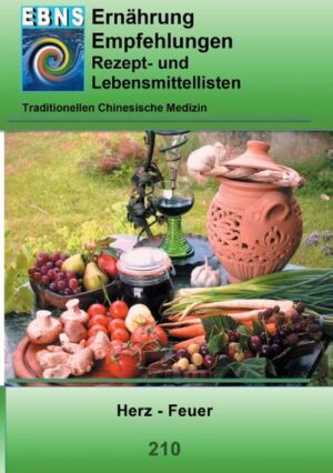 EBNS - Ernährungsberatung nach Syndromen - Rezepte- und Lebensmittellisten für die Ernährungstherapie der Traditionellen Chinesischen Medizin (TCM) bei Herz-Feuer. Hitze kühlen und ausleiten, Geist beruhigen, Herz und Nieren Yin nähren, ev. kühlen. - heiß NEIN, warm wenig bis NEIN, alles andere JA. Vermeiden: Bitter, austrocknendes konsequent, scharfheiße und -warme Gewürze, sehr salziges konsequent, gegrilltes, frittiertes, geröstetes, Yogitee, Kakao, Schoko, Hektik, Stress, Bildschirm, spät schlafen gehen. Die Rezepte sollen das betroffene Syndrom unterstützen und durch guten Geschmack motivieren. Die Lebensmittel werden in Kategorien empfehlenswert, ja, weniger und nein angezeigt und helfen bei der Orientierung wenn eigene Rezepte gekocht werden sollen.