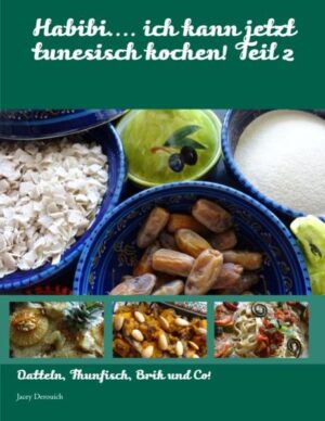 Endlich geht die kulinarische Reise durch Tunesien weiter. Auch im zweiten Teil von „Habibi…. ich kann jetzt tunesisch kochen“ werden wieder viele traditionelle Gerichte mit der bekannten Schritt für Schritt Anleitung vorgestellt, damit sich wirklich jeder wieder sein „Stückchen Tunesien“ nach Hause zaubern kann. Da man oft einige Zutaten nur schwer in Europa findet, wird dieses Mal auch erklärt, wie man Brik/Malsukablätter und Nwasser Grießnudeln selber herstellen kann. So steht einem großen tunesischen Menü nichts mehr im Weg! Guten Appetit und Shahiya Tayiba!