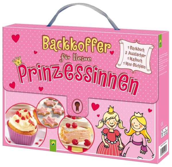 Backen, Malen, Prinzessin sein! - Praktischer Kinderkoffer mit Griff und Klettverschluß, handlich und vielseitig verwendbar (29 x 21,5 x 5 cm) - Backbuch mit bebilderten Rezepten, Schritt für Schritt erklärt (HC, 64 S. 20,2 x 20,2 cm) - 3 Ausstechformen aus Edelstahl: Herz, Stern, Mond - Malbuch mit 64 tollen Ausmalmotiven (SC, 64 S, 21 x 28 cm) - Minibuch mit Prinzessinnentipps (SC, 20 S, 9,8 x 11,8 cm) Mit diesem Koffer kommt im Königreich garantiert keine Langeweile auf: ein liebevoll illustriertes Backbuch lädt mit kinderleichten Rezepten und drei Ausstechförmchen zum Ausprobieren, Verzieren und Schlemmen ein. Das Malbuch entführt mit fantasievollen Motiven in das Märchenreich, und im Mini-Buch finden sich jede Menge Tipps und Tricks für die moderne Prinzessin von heute. Ein abwechslungsreicher Koffer voller Ideen und Anregungen für kleine Prinzessinnen und alle, die es werden wollen. Zum Spielen, Mitmachen und Spaß haben.