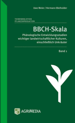 Abwaschbar, wetterfest und im praktischen, spiralgebundenen Hosentaschen-Format ist diese BBCH-Skala ein wichtiges Hilfsmittel zur Bestimmung der Entwicklungsstadien von Kulturpflanzen und Unkräutern. Die seit Jahren bewährte Skala beschreibt die Pflanzen nach dem bekannten einheitlichen System, wobei jedes Wachstumsstadium mit einem Code versehen ist. Das Spiralbuch enthält BBCH-Skalen für Getreide (Weizen, Gerste, Hafer, Roggen Triticale), Mais, Raps, Sonnenblume, Zuckerrübe, Kartoffel, Ackerbohne, Erbse sowie Unkräuter. Detailgenaue Zeichnungen definieren exakt die Entwicklungsstadien der Pflanzen und ermöglichen bei der Feldbesichtigung den direkten Vergleich. Die erforderlichen Maßnahmen der Bestandsführung, wie Düngung, mechanische und chemische Unkrautbekämpfung und der Zeitpunkt von Pflanzenschutzmaßnahmen können so dem jeweiligen Entwicklungsstadium der Pflanze zugeordnet werden. Darüber hinaus lassen sich Wachstumsverzögerungen und schädigende Einflüsse rechtzeitig erkennen. Auch für den Vergleich mit Ergebnissen aus Vor- und Folgejahren ist die BBCH-Skala hervorragend geeignet. Zur Beschreibung werden eindeutige, gut erkennbare morphologische Merkmale herangezogen, die makroskopisch schnell erfasst werden können. Im Wesentlichen sind dies Blattmerkmale, dann die Seitenachsenentwicklung, die Streckung der Sprossachse und schließlich die Blüten- und Fruchtentwicklung. Alle Stadien werden mit Hilfe von Zahlen in einem zweistelligen oder dreistelligen Code verschlüsselt. Gleiche phänologische Entwicklungsstadien erhalten gleiche Codes. So wird zum Beispiel die Fruchtreife für alle Arten mit dem gleichen Zahlencode verschlüsselt, unabhängig davon, wie sehr sich die Pflanzenarten sonst unterscheiden. Der BBCH-Code ist standardisiert, national sowie international abgestimmt und damit ein allgemein gültiges und weltweit in Forschung, Beratung und Praxis akzeptiertes Hilfsmittel. Dieses Büchlein ist in Landwirtschaft, Feldversuchswesen, Agrarberatung und Forschung eine echte Hilfe.