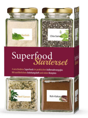 Superfoods sind natürliche Nahrungsmittel mit einem hohen Anteil an Vitaminen, Mineralien, sekundären Pflanzenstoffen und Antioxidantien. Lebensmittel mit solch einer hohen Nährstoffdichte sind z. B. Spinat, Kohl, diverse Beeren, Algen, Chia-, Hanf- und Leinsaat, Quinoa, Maca- und rohes Kakaopulver, Granatapfel, Weizengras und vieles mehr. Dieses Starterset enthält vier Gläser mit je einem Superfood: Chiasamen, Hanfsamen, Baobab-Pulver (aus der Frucht des Affenbrotbaums), Rohkakao. Außerdem ist ein Rezeptheft mit einer Einführung in das Thema und Rezepten u. a. von Julie Morris beigefügt.