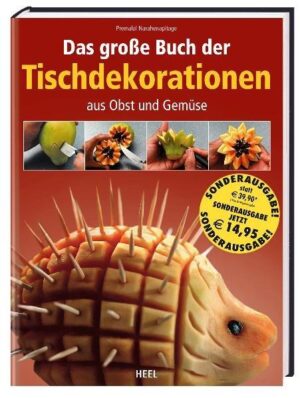 Über 1kg Buch, 240 Seiten und über 400 Fotos: Mit diesem Werk liegt ein Kunst-Kochbuch vor, das seinesgleichen sucht - und das alles zu einem absoluten Spitzenpreis von jetzt nur noch 4,99! Ob Rettich-Schwan oder Rote-Beete-Schmetterling, Zucchini-Fächer oder Paprika-Tulpe - das Buch des Erfolgsautors Premalal Narahenapitage stellt seine besten Rezepte zur Verschönerung jeder Tafel vor. In leicht nachzuvollziehenden Schritt-für-Schritt-Anleitungen führt der bekannte Kitchen-Artist aus Sri Lanka Anfänger und Experten in die Kunst der Obst- und Gemüseschnitzerei ein. Inspiriert von dem Sprichwort „Das Auge isst mit“, werden Kreationen geschaffen, die nicht nur schlichte Dekoration sind sondern Kunst am Objekt. Verblüffen auch Sie Ihre Gäste mit farbenfrohen Teller- und Tischdekorationen und präsentieren Sie kunstvolle Käse- und Kanapeeplatten, verschönern Sie Ihr Buffet mit aufwändigen Skulpturen, und verzaubern Sie kleine Besucher mit einem kreativen Kinder-Buffet. Dieses Buch erläutert nicht nur die für derartige Kunstwerke geeigneten Gemüse- und Obstsorten, sondern gibt auch Tipps zum Werkzeug, sprich die verschiedenen Messer und Geräte zur Objektbearbeitung. Weiterhin wird in ausgesprochen detaillierter Form die Bearbeitung der einzelnen Werkstücke gezeigt und das Ergebnis abgebildet. Auf diese Art und Weise kann auch der Anfänger die wunderschönen Tisch- und Tellerdekorationen herstellen und beeindruckende Figuren schnitzen. Die Saisontabelle erleichtert die Auswahl der Frucht, da mit der Frische auch eine optimale Reife gewährleistet ist. Ein wirklich tolles Buch! Viele Bilder, Ideen, Erklärungen und ausgefallenen Anregungen für Familienfeste, Geburtstage, Partys und Feiern.