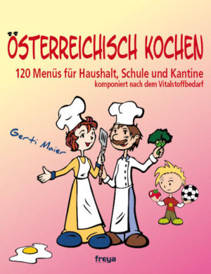 Geht das? Gerti Maier, Köchin mit langjähriger Berufserfahrung im In- und Ausland, sagt überzeugend: „Ja!“ Bei uns hielten die besten Rezepte vieler Nationalküchen aus dem großen Habsburgerreich Einzug und verschmolzen zu dem, was die österreichische Küche heute ausmacht. Gerti Maier kocht als Leiterin der Schulküche der Volks- und Hauptschule in Kremsmünster Menüs, die „ihren“ Kindern schmecken und sie mit allen Vital- und Nährstoffen verwöhnen, die der Körper braucht. Sie wurde für ihre außergewöhnliche Arbeit bereits mehrfach ausgezeichnet und hat den Preis für gesunde Ernährung des Landes Oberösterreich erhalten. Ihre Ideen für gesunde Menüs, die schnell gekocht sind, versteht sie als Anregung für den privaten Haushalt, aber auch für Kantinen. Kein einziges Lebensmittel kann alle von einem Kind oder Erwachsenen benötigten Nährstoffe alleine liefern. Deshalb liegt der „Schlüssel“ zur guten Versorgung immer in der Auswahl und Kombination. Die Bedürfnisse an Nährstoffen sind in den Rezepten abgedeckt. An die Töpfe, fertig, los