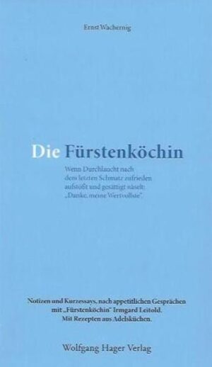 Notizen und Kurzessays, aufgeschrieben nach appetitlichen Gesprächen mit "Fürstenköchin" Irmgard Leitold. Dazu gibt es Rezepte aus jenem Kochbuch, das Irmgard Leitold von ihrer böhmischen Küchen-Lehrmeisterin Leni Gübitz geschenkt bekam. Dieses trägt den Titel "Die Wiener Bürgerküche" und wurde 1911 von J.M. Seitz herausgegeben. J.M. Seitz war Küchenchef etlicher Durchlauchten.