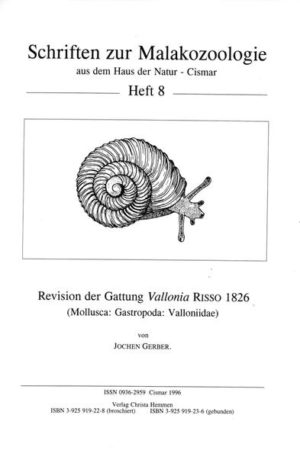 Honighäuschen (Bonn) - The present book is a revision of all known recent and fossil nominal taxa within the genus Vallonia. Introductorily the history of investigations of Vallonia is briefly summarized. In the general part the knowledge of the genus concerning the structure of the shell and the soft body, the biology, the ecology, and the general distribution in space and time is presented. The applicability of species concepts is discussed with regard to the reproduction mode of the vallonias (self-fertilization as th rule, cross-fertilization probably being an occasionally occuring exception). The hypothetical relationships between the recent and fossil Vallonia species are displayed as a dendrogram with explanations. In the special part 40 species and subspecies supposed to be valid are treated comprehensively. A key facilitates their identification. Every species and subspecies is described in detail and compared with similar taxa. Synonymy lists are given. Eight (sub)species are described as new to science.