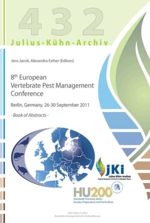 Honighäuschen (Bonn) - 8th European Vertebrate Pest Management Conference The 8th European Vertebrate Pest Management Conference was held 26-30 September 2011 in Berlin, Germany. It was organised by the Vertebrate Research Group of Julius Kühn Institute, Federal Research Centre for Cultivated Plants and the Faculty of Agriculture and Horticulture of Humboldt University. The Conference is a biennial meeting of people interested in various aspects of vertebrate pest management. Overabundant vertebrate populations can be responsible for crop loss, public and animal health concerns, structural damage and conflicts with conservation interests. The conference is a forum for all involved in basic research in vertebrate biology, ecology, methodology, legislation and the application of these topics in wildlife management. The intention of the meeting was to foster the interaction of experts from Europe and beyond specializing in different fields of applied and basic vertebrate research because thorough knowledge of all relevant aspects is a vital prerequisite to make informed decisions in vertebrate pest management. This book of abstracts summarizes all contributions that were presented in 9 symposia: 1) Fertility control in vertebrates, 2) Invasive vertebrates, 3) Management of birds, 4) New tools and methods - alternatives to anticoagulants including a workshop, 5) Population dynamics and management of mammals, 6) Rodenticide resistance and management of commensal rodents, 7) Vertebrate management in developing/emerging countries, 8) Wild boar biology and management, and 9) Zoonotic diseases in vertebrates.