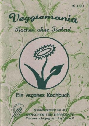 Veggiemania. Kochen ohne Tierleid. Ein veganes Kochbuch Zusammengestellt von Jeannine und Heiko und weiteren Mitgliedern der Menschen für Tierrechte, Tierversuchsgegner Aachen e.V 7., überarbeitete Auflage, Packpapier Verlag Osnabrück, 2012. 60 Seiten, DIN A5, Klammerheftung. Dieses Büchlein vereint vegane Informationen und leckere Vegan- Gerichte auf gelungene Weise und ist (auch) für Einsteiger in die vegane Ernährung sehr zu empfehlen. INHALT * Vorwort 1997 und 2006 * Warum vegan? * Vegan leben - so einfach wie nie! * Warum keine Milch? * Warum keine Eier? * Warum keinen Honig? * Was ist (Speise-) Gelatine* Veganismus und Ökologie: * Ressourcenverschwendung: Land, Wasser, Energie * Treibhauseffekt * Wasserbelastung: Gülle, Fischerei, Leder * Fazit * Soja: * Der Umweltaspekt * Gentechnologie * Nährwert und Gesundheitsaspekte * Fazit * * Rezeptübersicht * Zu den Rezepten * Hefeschmelz-die Story * Zeichenerklärung und Abkürzungen * Hinweis für vegane Rezept- Zutaten * Rezepte (siehe unten) * E-Nummern * Sehr wahrscheinlich bis defintitiv unvegan * Eventuell unvegan * Kann unvegan sein, ist aber fast immer vegan * Vegane Alternativen * Statt Milchprodukte * Statt Fleischprdukte * Statt Eiprodukte * Sonstige Alternativen (Mayonaise, etc.) * Vegane Quellen essentieller Nährstoffe * Index der Rezepte * REZEPTE: * Suppen: * Bohnen- Sojasuppe * Bohnen- Linsensuppe * Bunte Gemüsesuppe * Chilli- Sippe * Kartoffelsuppe * Kürbissuppe * Linsensuppe * Paprikasuppe * Pikante Kartoffelsuppe * Rote Linsensuppe * Sojasprossensuppe mit Paprika * Tomaten- Creme- Suppe * Zwiebelsuppe * Salate: *Bunter Nudelsalat * Feuriger Reissalat * Hirsesalat * Kartoffelsalat * Kartoffelsalat „appotato“ * Kidneybohnen Nudelsalat * Senf- Dressing * Texas- Salat * Reisgerichte: * Champignon-Risotto * Curry-Tofu-Reis * Erbsen-Curry-Risotto * Reis-Gemüsepfanne * Safran-Curry-Reis * Sojabrocken-Risotto * Tofu-Reispfanne * Tomaten-Risotto * Kartoffelgerichte: * Brokkoli- Kartoffel- Auflauf * Gefüllte Kartoffeln * Kartoffel-Pilz-Auflauf * Nudelgerichte: * Auberginen Farfalle * Champignon Couscous * Grünkern Nudelpfanne * Spaghetti mit Pilz-Tomaten-Sauce * Gemüsegerichte: * Auberginen-Pfanne * Gemüsepfanne * Gefüllte Tomaten * Gemüse-Tofu- Grillspieße * Aufläufe: * Blumenkohl-Möhren-Auflauf * Bohnen-Nudel-Auflauf * Brokkoli-Kartoffel-Auflauf * Gemüse-Auflauf * Kartoffelgratin * Kartoffel-Pilz-Auflauf * Kartoffel-Möhren-Auflauf * Nudel-Tomaten-Auflauf * Podvarak * Sauerkraut-Nudel-Auflauf * Bratlinge/ Burger: * Auberginen- Burger * Linsen- Bratlinge * Original Arabische Falafel * Soja-Bratlinge * Tofubratlinge * Weizen- Grünkernbratlinge * Pizzen: * Hefeschmelz (Käse-Ersatz) * Pizza Margherita * Tofu- und Sojagerichte: * Gemüse- Tofu-Grillspieße * Soja- Bratling * Sojabrocken-Risotto * Tofubratling * Tofu-Reispfanne * Tofu-Rührei * Sonstige Hauptgerichte: * Chilli sin Carne * Nussbraten * Porree-Quiche* Spinat-Quiche * Nachspeisen: * Grütze * Saucen/Dips: * Curry-Sauce * Guacamole * Helle/Braune Sauce * Ketchup * Paprika-Tomaten-Sauce * Pilz-Sauce * Salsa * Senf-Sauce * Teufelssauce * Tomaten-Zwiebel-Knoblauch-Sauce * Tzatziki * Gebäck/Süßes: * Ananas Pudding * Apfeltorte * Apfelweinkuchen * Baguette * Gemüsebrötchen * Hirse Energiekugeln * Marzipankuchen * Marzipankugeln * Mürbeteig-Kekse * Nußecken * Nußkuchen * Obstkuchen “spezial“ * Pfannkuchen * Schoko-Cornflakes * Sonnenblumenkernbrot * Waffeln * Frühlingsgerichte: * Tofu-Rührei * Brotaufstriche/Brotbelage: * Avocado-Brot * Kidneybohnen - Brotaufstrich * Schokoladen Brotaufstrich *