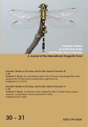 Honighäuschen (Bonn) - Issue 30 (2019): An annotated check list of Hong Kong dragonflies and assessment of their local conservation significance (Graham T. Reels). 49 Seiten, 30 Farbfotos, 1 farbige Karte, 7 Tabellen Issue 31 (2020) A ranking of key dragonfly sites in Hong Kong using a species conservation value assessment metric (Graham T. Reels). 50 Seiten, 47 Farbfotos, 1 farbige Karte