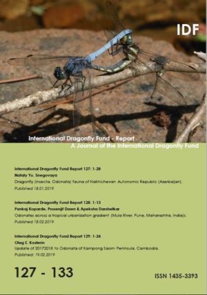 Honighäuschen (Bonn) - IDF-Report 133 (2019): Checklist of damselflies (Odonata: Zygoptera) from Kon Ka Kinh National Park of the Central Highlands of Vietnam (Phan Quoc Toan & Ngo Quoc Phu). 18 Seiten, 45 Farbfotos, 1 farbige Karte, 1 Tabelle IDF-Report 132 (2019): On Odonata of Phnom Tumpor (Cambodia) in the late dry season (March 2019) (Oleg Kosterin). 26 Seiten, 54 Farbfotos, 2 farbige Karten IDF-Report 131 (2019): On an account of Odonata including larval stages of selected species from three protected areas of North Chhattisgarh, India (Prosenjit Dawn & Kailash Chandra). 16 Seiten, 22 Farbfotos, 6 farbige Karten, 1 Tabelle, 5 Grafiken IDF-Report 130 (2019): Die Libellenfauna der Ostseeinseln Wollin (NW Polen) und Usedom (NO Deutschland) mit angrenzendem Festland  Frühjahrsaspekt 2018, und Anmerkungen zum Vorkommen von Coenagrion armatum (Charpentier, 1840) (Patrick Masius). 40 Seiten, 50 Farbfotos, 3 farbige Karten, 12 Tabellen IDF-Report 129 (2019): Update of 2017 - 2018 to Odonata of Kampong Saom Peninsula, Cambodia (Oleg E. Kosterin). 24 Seiten, 27 Farbfotos, 1 Tabelle IDF-Report 128 (2019): Odonates across a tropical urbanization gradient (Mula River, Pune, Maharashtra, India) (Pankaj Koparde, Prosenjit Dawn & Apeksha Darshetkar). 14 Seiten, 11 Farbfotos, 3 Tabellen IDF-Report 127 (2019): Dragonfly (Insecta, Odonata) fauna of Nakhichevan Autonomic Republic (Azerbaijan) (Nataly Yu. Snegovaya). 28 Seiten, 47 Farbfotos, 1 farbige Karte
