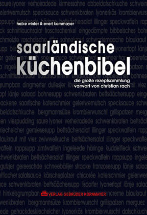 Noch nie gab es eine so große, umfangreiche Sammlung saarländischer Gerichte bzw. Rezepte. Frei nach dem Motto „Esse un trinke sinn die drei scheensche Sache wo`s gebbd.“ wurden über 390 ganz wunderbare Rezepte aus dem Saarland zusammengetragen. Selbstverständlich auch Dibbelabbes, Gefillde, Hoorische & Schwenkbraten, aber auch Variationen wie Lyoner-Carpaccio, Pastetchen mit Ragout Fin & Wildhasenrücken. Abgerundet wird die Rezeptfülle der Saarländischen Küchenbibel noch mit den Lieblingsrezepten der Restaurants: Die Alte Brauerei, Die Saarlänner im Rebenhof, Gräfinthaler Hof, Hämmerle’s Restaurant, Hotellerie Hubertus, Hostellerie Bacher-Wögerbauer, Restaurant Kunz, Restaurant Niedmühle, Restaurant Quack, Restaurant Trampert und Zum Blauen Fuchs. Die Saarländische Küchenbibel: Nicht nur für Saarländer und Saarlandfans geeignet, sondern auch als Standardwerk in jeder Küche!