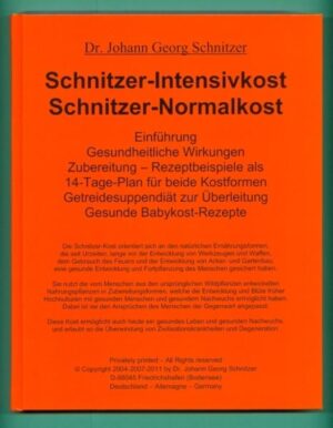 Die Schnitzer-Kost orientiert sich an der frugivoren Urnahrung des Menschen. Sie nutzt die aus Wildpflanzen entwickelten Kulturpflanzen in Zubereitungsformen, welche die Entstehung früher Hochkulturen mit gesunden Menschen und gesundem Nachwuchs ermöglicht haben. Der Stoffwechsel des Menschen ist genetisch immer noch auf seine frugivore Urnahrung programmiert. Deshalb ist die "Anpassung" an denaturierte und artfremde Zivilisationskost misslungen. Die Folgen sind weit verbreitete Zivilisationskrankheiten. So bald der Stoffwechsel wieder die richtigen "Stoffe zum Wechseln" erhält, heilen die meisten der "unheilbaren" Zivilisationskrankheiten zügig aus. Auch das Körpergewicht Über- wie Untergewichtiger normalisiert sich. Köstliche Zubereitungen werden im Buch in Form eines 14-Tage-Planes genau beschrieben. Mahlzeiten dieser Kost sättigen nachhaltig, verleihen vitale Energie und regenerieren den Organismus. Frische und vitalstoffreiche Babykost-Rezepte erlauben eine körperlich wie geistig optimal gesunde Entwicklung der Kinder.