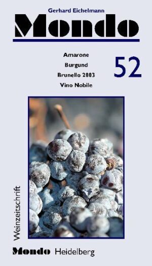 Gerhard Eichelmann, der Autor des Standardwerks über deutschen Wein, stellt in seiner unabhängigen Weinzeitschrift Mondo Weine aus aller Welt vor. Ausgabe 52 setzt den Schwerpunkt auf Burgund, eine Region, in der in den letzten zehn Jahren viele junge Winzertalente in die Spitze vorgestoßen sind. Weitere Schwerpunktthemen sind Amarone di Valpolicella, Brunello di Montalcino (Jahrgang 2003) und Rosso di Montalcino. Im umfangreichen Marktteil werden viele weitere Weine aus aller Welt präsentiert.