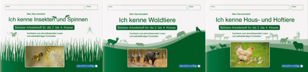 Honighäuschen (Bonn) - 3 Themenhefte zu den Schwerpunkten "Waldtiere", "Haus-und Hoftiere", "Insekten und Spinnen" für das sinnerfassende Lesen und selbstständige Erarbeiten für 2. bis 4. Klasse. Durch das kostengünstige Angebot entfallen lästige Kopierarbeiten. 22 Seiten, A5 quer Auch einzeln erhältlich: Ich kenne Waldtiere - ISBN 978-3-939293-17-0 Ich kenne Haus- und Hoftiere - ISBN 978-3-939293-18-7 Ich kenne Insekten und Spinnen ISBN 978-3-939293-19-4