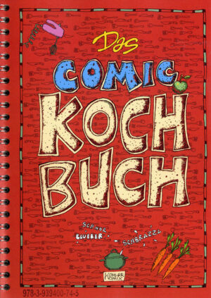 A5 Ringbuch Softcover in der ersten Auflage mit Foliencover zum Schutz. Als praktischer Begleiter in der Küche konzipiert. "Was? Du kannst nicht kochen? Na da habe ich was für Dich!" Folge den Rezepten in Comicform Bild für Bild - und Du wirst mühelos und mit viel SCHNIBBEL - BLUBBER - SCHBRAZZL köstliche internationale Gerichte hervorzaubern. Vielleicht eine Ägyptische Linsensuppe (im pharaonischen Stil gezeichnet), Omas Gurkensalat (hingekritzelt mit Kuli auf Karopapier) oder Paprika a la Taliban mit aromatischer afghanischen Sauce? Jedes Rezept in einem anderen Stil gezeichnet, gewürzt mit den farbigen Comics "Die Lügenwalder Mühle", "Der wunderbare Turbohof", "Kochen mit GERD THE NERD"und jeder Menge Tips rund um die erste eigene Küche, das Kochen und nachhaltiges Einkaufen - und gaanz praktisch: mit klitzekleinem Zutatenheftchen zum Immer-Beim-Einkaufen-Dabei-Haben - Viel Spass und guten Appetit!