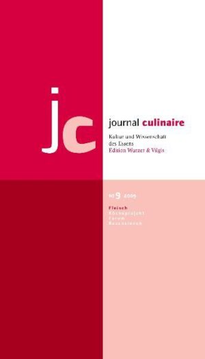 Das neunte Heft des Journal Culinaire trägt den Titel „Fleisch“. Fleisch ist ein Lebensmittel, das die stärksten ambivalenten Empfindungen auslöst. Einerlei ob Fleisch dem schlichten Überleben dient oder dem elaborierten Genuss: ein Tier muss getötet werden, es verliert sein Leben. Das Heft legt den Akzent auf die Grundlagen des Fleischgenusses. Als erste haben die Praktiker das Wort. Vier Köche und zwei Metzger haben sich ins Köcheprojekt eingeschrieben. Sie berichten über das Pökeln und Reifen von Schinken (MARKUS DIRR), zeigen die Zubereitung einer korsischen Wurst (PIERRE-ANTOINE GIUDICELLI), oder lenken den Blick auf das Fleisch eines bestimmten Tieres: Bison (THOMAS BÜHNER), Lamm (JOHANNES KING) Margalitza-Wollschwein (WOLFGANG RAUB). KARL-JOSEF FUCHS schließlich bringt uns engagiert das heimische Wild nahe. Den Reigen der Wissenschaftler eröffnet im Fokus ULRIKE WEILER. Sie dekliniert die Faktoren, die zur Fleischqualität beitragen. WALTER VÖSGEN nimmt sich mit dem Umröten einem grundlegenden Verfahren in der Fleischverarbeitung an. Bis in die Feinheiten des Muskelaufbaus blickt THOMAS VILGIS, um von da aus die Möglichkeiten und Gefahren der Fleischreifung und -Garung darzustellen. URSULA HUDSON-WIEDENMANN und ANITA IDEL machen sich für eine Weidehaltung unserer Rindviecher stark. Die Grenzen der neuen Ampelkennzeichnung für Lebensmittel zeigt KARL-OTTO HONIKEL minutiös auf. Seine durch langjährige Arbeit mit den Tieren gewonnene Erfahrung hat WILHELM AHRENS in Schleswig-Holstein zu einer bestimmten Tierhaltung und -Ernährung geführt. ILONKA CZERNY beschließt den Fokus mit einem Beitrag, der sowohl den christlich-theologischen Symbolgehalt als auch die künstlerische Verwendung von Fleisch zum Inhalt hat. Auf dem Forum zeichnet der Oekotrophologe CHRISTOPH KLOTTER die Geschichte der Stigmatisierung der Adipösen nach. Der Philosoph KURT RÖTTGERS stellt die Frage: Gastrosophie oder „Kritik der kulinarischen Vernunft“? Die Landespfleger FRANZ HÖCHTL und CLAUDE PETIT zeigen uns Wege zum Erhalt von terrassierten Weinbergen am Beispiel des Ballrechten-Dottinger Castellbergs. Der Rechtshistoriker RAINER MARIA KIESOW dreht mit seinem Beitrag zum Kannibalismus den Spieß buchstäblich um, bevor WALTER SCHÜBLER abschließend das amerikanische Magazin „Meatpaper“ rezensiert.