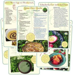 Alle Karten mit Rezept und Zutatenliste, Tipps und Foto. Die Karten enthalten folgende Rezepte: Sellerie-Birnen-Suppe mit Brombeermark / Obstsalat mit Felsenbirnen / Grüne Oster-Quiche / Löwenzahn-Orangenmarmelade / Kirschpflaumen-Lassi / Kürbis-Quiche mit Vogelbeeren / Erdbeer-Mousse auf Minz-Melissen-Joghurt / Arme Ritter mit süßem Kornelmus / Waldmeisterflammeri / Ringel-Bete-Carpaccio mit Heidelbeeren / Gierschsüppchen mit Mandelmus / Schüchterne Eier im Kräuternest