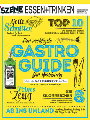 Seit 32 Jahren setzen unsere Leser auf die unabhängigen Empfehlungen unserer Redaktion. Neben der gewohnten Qualität, bieten wir in diesem Jahr noch mehr Inhalt: Wir widmen uns nicht nur den Restaurants innerhalb der Stadtgrenzen, sondern erweitern unser Testgebiet auf den Hamburger Speckgürtel inklusive eines Lüneburg-Spezials. Und auch für Ausflüge an die Ostsee halten wir zahlreiche Gastro-Tipps parat. Damit wird die SZENE HAMBURG ESSEN + TRINKEN 2017 mit 292 Seiten und rund 500 Restaurants und Cafés unser bisher dickstes Ding. Fleisch, Fisch, Veggie – Italien, Frankreich, Asien: Wir reisen einmal durch Hamburgs Genusswelten und verraten, wo der Geschmack stimmt und sich ein Besuch lohnt. Natürlich stecken in unserem Gastro-Guide 2017 auch wieder viele spannende Genuss-Geschichten, Portraits von Hamburger Machern und Marken, viele Tipps und Trends und die Top 10 der besten Burger, Fischbrötchen, Imbisse & Co.