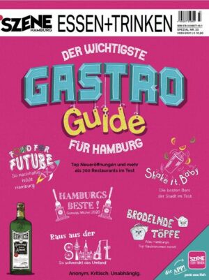 Wir werden immer umfangreicher: Die SZENE HAMBURG ESSEN + TRINKEN hat mit der Ausgabe 2019/2020 eine richtige Delikatesse aufgetischt. Auf über 400 Seiten bieten wir in erkenntnisreichen wie amüsanten Momentaufnahmen Einblick in rund 600 Hamburger Restaurants und erzählen Geschichten von Machern und Marken. Wo lohnt sich der Besuch und was sollte man lieber lassen? Wir geben heiße Tipps! Mithilfe unseres großen Netzwerks an Redakteuren, Autoren, Foodies und prominenten Hamburger Persönlichkeiten haben wir uns monatelang einmal quer durch Hamburg und Umgebung geschlemmt. Die SZENE HAMBURG ESSEN + TRINKEN erscheint einmal im Jahr und ist ein Muss für alle genussverliebten Hamburger und Besucher, Gourmets, Szenegänger, Veggies und Meat-Lovers – sie alle schwören seit über 30 Jahren auf das Insiderwissen der Redaktion. Hunger bekommen?