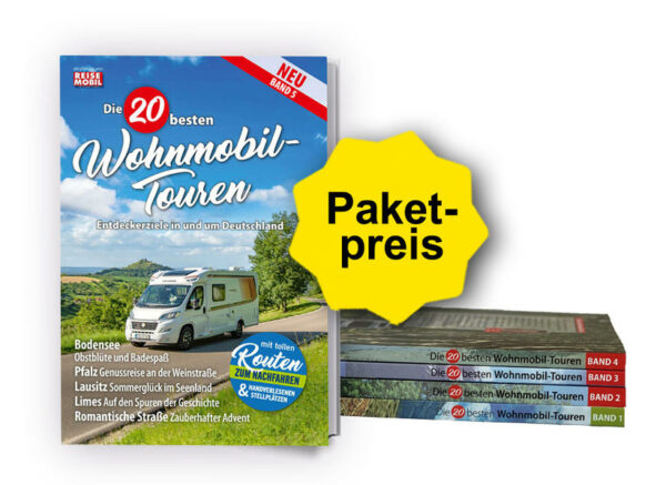 Bei gleichzeitigem Kauf der beliebten fünf Bücher "Die 20 besten Wohnmobiltouren in Deutschland  Band 1" (978-3-928803-80-9)