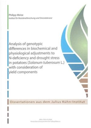 Honighäuschen (Bonn) - This work aimed at comprehensive phenotyping of starch potato cultivars in response to Ndeficiency and drought stress at the morphological, physiological and biochemical level. For this purpose, 17 European potato cultivars were investigated in two years pot trials in a rainout shelter with two N-levels and two water supply regimes. Additionally, a broad in vitro screening was performed to monitor specific traits under different N-levels in dependence of the genotype. Furthermore, out of these two contrasting genotypes were analysed in a proteomic approach to identify proteins associated with genotype specific responses to N-deficiency. With regard to tuber and starch yield cv. Tomba proved to be comparatively tolerant and cv. Kiebitz rather sensitive under both, N-deficiency and drought stress. Other cultivars responded differentially depending on the type of stress.Nitrogen use efficiency generally increased under N-deficiency. Water use efficiency decreased under limited water supply, but was increased by increased N-supply. Biochemical and physiological parameters of leaves were analysed at two time points during a drought stress phase. The proline content increased under drought, while the N-supply level had an effect on the speed and extent of its accumulation. The content of total soluble sugars increased at short-term drought and dropped back at long-term drought, which was more pronounced at higher N-supply. The leaf water potential decreased rapidly under drought, however, significant osmotic adjustment was not detected. Correlations of biochemical or physiological parameters to agronomic traits were too weak to serve as markers for abiotic stress tolerance. In vitro assays disclosed significant differences between cultivars in the ability to maintain biomass production, photosynthesis and N-metabolization under decreased N-supply. Furthermore, genotype dependent responses were detected regarding the root to shoot ratio, which was increased under N-deficiency in some specific cultivars. The proteomic analysis revealed that 21 % of the detected proteins differed in abundance between the sensitive and the tolerant genotype. In control and N-deficiency conditions 19.5 % were differentially accumulated in the sensitive and 15 % in the tolerant genotype. Out of a total of 106 differentially abundant proteins, only eight were detected in both genotypes, which were mainly associated with general stress response. In the tolerant genotype, the determined 'oigh chlorophyll content was associated with an increase of respective catabolic enzymes. In particular, rubisco activase showed interesting modulations in dependence of genotypes and Nlevels.
