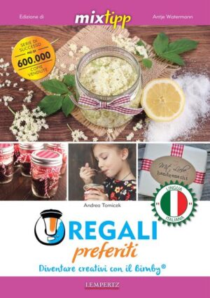 MIXI GIA’? “Piccoli regali fanno durare l’amicizia!” Non importa se sia Natale, una festa di compleanno, un party in giardino oppure fare una visita di cortesia alla prozia - un regalino riscalda il cuore di ognuno di coloro che riceve il dono e stringono legami. Però spesso manca l’elettrizzante idea per il regalo appropriato: cosa fare allora? Non disperare, al team di MIXXtipp domandare. In questo volume abbiamo raccolto le più belle creazioni “Do-it-youself” di Andrea Tomicek. Qui trovi delle originali idee per regali, che puoi fare anche tu in un battibaleno a casa tua. A partire dall’olio d’arancia fruttato al Relish di pomodori, variegate torte in bicchiere fino al liquore di rose e perfino prodotti di benessere come il peeling anticellulite al caffè, qui è rappresentato tutto. Con questi favolosi prodotti fatti in casa potrai, d’ora in poi, impressionare ed entusiasmare i tuoi amici, la tua famiglia ed i tuoi colleghi! Come sempre vale: tutti i regali puoi fare molto facilmente, come per gioco, nel TM5® e TM31®. Ti auguriamo tanto divertimento sperimentando, regalando e mentre doni gioia!