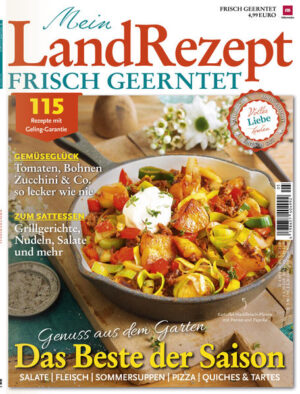 Mit der Mein Landrezept 0519 feiern wir den Hochsommer mit allem, was er zu bieten hat: erntefrisches Gemüse wie Tomaten, Blumenkohl und Co. Unsere Saison-Lieblinge kombinieren wir in über 100 genialen Rezepten mit Grillgut, Fisch, leckeren Nudeln und frischen Salaten und belegen damit Pizzen und Quiches.