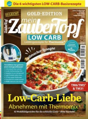 Die GOLD-EDITION „Low Carb“ von mein ZauberTopf enthält über 60 kohlenhydratarme Rezeptideen für den Thermomix® sowie wertvolle Tipps und Tricks, die beim Abnehmen helfen. Die Rezepte decken jede Tageszeit ab: Frühstücksideen, Mittagsgerichte und Abendbrotrezepte sowie Desserts sorgen für Abwechslung auf dem Speiseplan. Viele Ratgeber erklären zudem, was bei der Low-Carb-Ernährung zu beachten ist, wie man dadurch sein Gewicht reduzieren kann und welche Produkte in den Einkaufswagen dürfen. Ein Typ-Test klärt zudem über den jeweiligen Stoffwechseltyp auf.