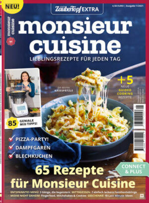 Das EXTRA für Monsieur Cuisine Das mein ZauberTopf EXTRA mit Rezepten speziell für den Monsieur Cuisine enthält exklusiv Rezepte, Tipps und Tricks für die Modelle Connect und Édition Plus. Das Premium-Magazin mit 84 Seiten und über 65 Rezepten bringt jetzt frischen Wind in deine Küche! In dieser Erstausgabe lernst du die Funktionen deines Küchenhelfers so richtig kennen und wirst Schritt für Schritt zum Mix-Profi! Backe die beste Pizza mit himmlisch luftigem Hefeteig und pikanter Soße - natürlich einfach selbst gemacht. Zaubere eines von sieben schnellen Mittagsgerichten und staune, wie einfach der Monsieur es dir macht! Außerdem dabei: 10 Geschenkideen aus dem Mixtopf, mit denen du Familie und Freunden eine Freude bereiten kannst, saftige Blechkuchen mit Streuseln, geniales Fingerfood für den Kinoabend daheim und noch viel mehr! Das Beste: Alle Rezepte sind speziell an die Funktionen der beiden Modelle angepasst. So kannst submixen, kochen, braten, dämpfen und backen - ganz einfach und immer lecker. Mit dabei: geniale Hacks und Tricks, wie du mit deiner smarten Küchenmaschine von Lidl noch schneller zum perfekten Ergebnis kommst!