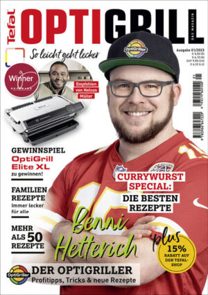 Das neue OptiGrill-Magazin enthält einen bunten Strauß Tipps, Tricks und natürlich Rezepten zum beliebten OptiGrill. Neben einem Currywurst-Special, leckeren Familien- und Frühlingsrezepten, Sandwiches und Snackideen hat auch „Der Optigriller“ Benni Hetterich nicht nur einige gelingsichere Rezepte beigetragen. Seine Lifehacks rund um den beliebten Indoor-Grills machen das Handling des Gerätes noch entspannter als es ohnehin schon ist. Über 50 Rezepte!