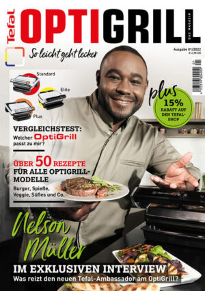 Das neue „Optigrill-Magazin“ enthält einen bunten Strauß an Ideen, Tipps und Tricks und natürlich jede Menge Rezepte von einfach bis raffiniert, die den Einsatz des OptiGrills noch ein bisschen schöner machen. Dabei ist es nicht nur Inspirationsquelle, es bietet auch eine Menge unterhaltsames Lesefutter. Highlight ist sicherlich der Beitrag zu Starkoch Nelson Müller, neuer Markenbotschafter bei Tefal, der einen sehr emotionalen Einblick gibt in das, was er unter Heimat und gutem Leben versteht und welche Rolle das Essen dabei spielt. Über den Tellerrand schauen wir mit dem Portrait von Grillweltmeister Oliver Sievers, der sich nicht nur in Deutschland einen Namen gemacht hat, sondern inzwischen auch in den USA, der Heimat des BBQ, Bekanntheit erlangt hat - und es sich nicht nehmen ließ, für unsere Leserinnen und Leser drei Rezepte für den OptiGrill zu entwickeln! Der „OptiGriller“ und Grillfluencer Benjamin „Benni“ Hetterich, Autor des Buches „Optigrill - So leicht geht lecker“, stellt seine Rezepte nicht nur auf Youtube vor, sondern bereichert auch unser neues OptiGrill-Magazin mit einigen seiner leicht nachzumachenden Rezepte, bei denen einem gleich das Wasser im Munde zusammenläuft. Das neue Optigrill-Magazin stellt verschiedene OptiGrills und ihre vielseitigen Bedienmöglichkeiten vor, präsentiert über 50 köstliche Gerichte und zeigt von Gemüse, über Fisch und Fleisch bis zu süßen Desserts, was sich mit dem eleganten Tischgrill alles zaubern lässt. Neben leckeren Burger-Rezepten, fantastischem Fingerfood, ausgefallenen Spießen und schmackhaften Sandwiches gibt es ein eigenes Kapitel mit vegetarischen Rezepten und eines mit Mahlzeiten für die ganze Familie. Den Abschluss bilden köstliche Dessert-Vorschläge. Ob Grillparty mit Freunden oder Mittagessen mit der Familie, ob Kinder, Teenager oder Kochanfänger - mit dem Allround-Talent von Tefal gelingen die Rezepte aus dem OptiGrill-Magazin perfekt auf den Punkt: unkompliziertes Handling, minimaler Aufwand, maximaler Grill-Spaß. Viel Freude also beim Blättern, Schmökern - und natürlich beim Nachgrillen!