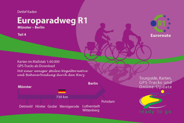 Der Radreiseführer mit Karten im Maßstab 1:60.000 beschreibt detailliert den Originalwegverlauf des Europaradweges R1 von Münster nach Berlin. Für die Passage durch den Harz zeigt und beschreibt er eine weniger steile Wegalternative und Bahnverbindung. Die GPS-Tracks der Wegverläufe sind per Download im Internet erhältlich. "Europaradweg R1 Euroroute Teil 4: Münster-Berlin" Der Reiseführer ist erhältlich im Online-Buchshop Honighäuschen.