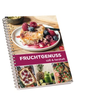 Süße Früchte - voller Genuss! Wir lieben Äpfel, Ananas, Beeren, Kirschen, Trauben, Pfirsiche und Zitronen. Aus all´ den feinen Früchten lassen sich tolle Smoothies, feine Drinks, Chutneys, Snacks, Hauptgerichte und Desserts kreieren. Von herzhaft bis süß - tauchen Sie in die Rezeptkreationen ein und lassen Sie sich inspirieren. Vom Ananas-Mango-Chutney, über Brombeer-Lavendel-Konfitüre, Flammkuchen mit Birne, Joghurtbombe mit Beerengrütze, Ofenschlupfer mit Mirabellen oder Salat mit Erdbeerdressing ist alles dabei. Von der Sonne gereift, in der Küche verzaubert und mit Genuss verzehrt.