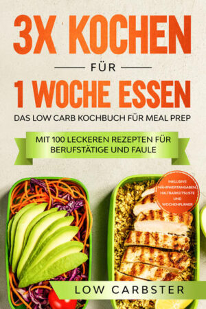 Sie möchten trotz stressigem Alltag von den Vorteilen der Low-Carb Ernährungsform profitieren? Dann ist dieses Kochbuch genau das Richtige für Sie! Nur 3x kochen in der Woche für Ihre Gesundheit. Greifen Sie oft zu schnellen Gerichten mit versteckten Inhalten, die nicht wirklich gesund für Sie sind? Damit ist nun Schluss! Mit diesem Buch haben Sie es selber in der Hand zu bestimmen, was, wo und wie viel Sie essen und vor allem, was darin enthalten ist! Hiervon profitieren Sie mit einer Low-Carb Diät: ✓Verbesserung des Stoffwechsels ✓ Fettverbrennung und Gewichtsverlust ✓Reduzierung der Entzündungen im Körper ✓Längeres Sättigungsgefühl durch mehr Eiweiß Low Carb lässt sich wunderbar mit Meal Prep kombinieren, wodurch man viel Zeit spart und immer etwas zu essen bereit hat. Durch eine klare Struktur wird die Verlockung nach Süßem oder ungesunden Snacks reduziert.Damit Ihnen die Durchführung der Low-Carb Diät leichter fällt, empfehlen wir Ihnen dieses Buch. Sie finden hier neben einem Wochenplaner und einer Haltbarkeitsliste bis zu 100 Rezepte für Frühstück, Mittagessen, Abendbrot und Snacks mit Nährwertangaben.Wir wünschen Ihnen guten Appetit und viel Erfolg! Eine Low-Carb Diät ist aufgrund von Alltagsstress, Ernährungsgewohnheiten und langweiligen Gerichten für viele nicht so leicht umsetzbar. Doch dies soll nun ein Ende haben! Neue kreative Rezepte im Low-Carb Bereich machen diese Ernährungsform schon lange nicht mehr eintönig und schwer durchsetzbar, worauf Erfolge natürlich schnell sichtbar werden.